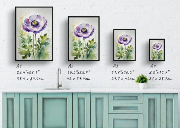 watercolour botanical print flowers anemone print size comparison