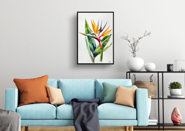 watercolour botanical print flowers bird of paradise minimalist living room