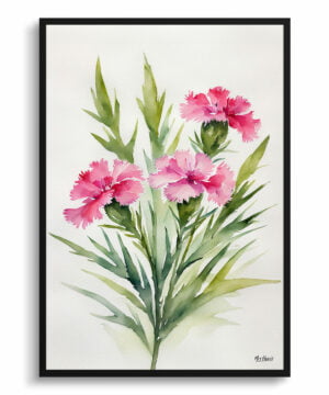Dianthus Devon Wizard Watercolour Botanical Art Print - Pink Carnation Minimalist Framed Plant Wall Art