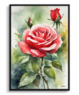 Garden Watercolour Botanical Art Print - Red rose Framed Plant Wall Art