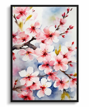 Japanese Flowering Watercolour Botanical Art Print - Sakura Cherry Blossom Framed Plant Wall Art