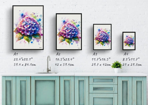 watercolour blotted flowers hortensiahydrangea print size comparison
