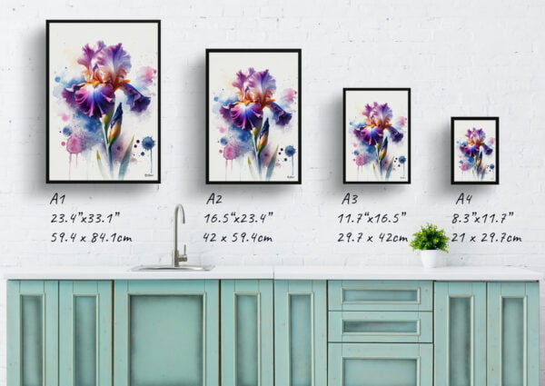 watercolour blotted flowers irisfleur de lis print size comparison
