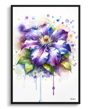 Leather flower (Clematis) Watercolour Botanical Art Print - Blotted Painting Framed Plant Wall Art