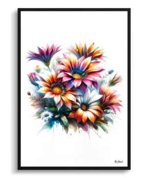African Daisies (Gazania) Watercolour Painting Style Art Print - Illustration Framed Plant Wall Art