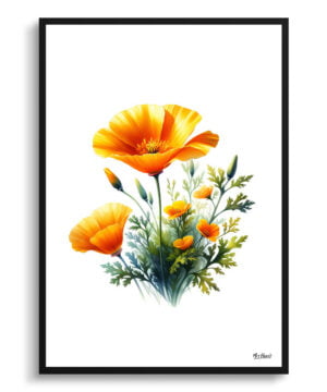 California Poppy (Eschscholzia) Watercolour Painting Style Art Print - Illustration Framed Plant Wall Art