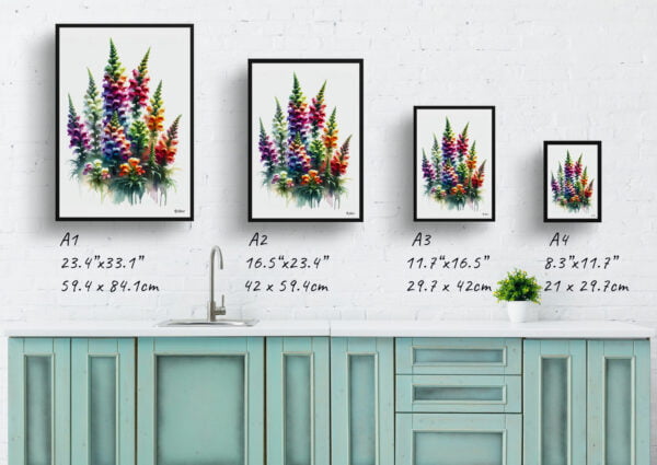 watercolour realist flowers snapdragon antirrhinum print size comparison