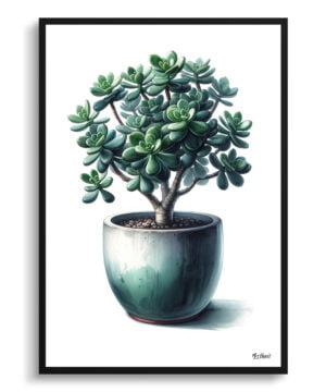 Jade Plant (Crassula Ovata) Watercolour Style Art Print - Illustration Painting Framed Plant Wall Art