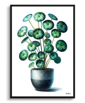 Pilea (Pilea Peperomioides) Watercolour Style Art Print - Illustration Painting Framed Plant Wall Art