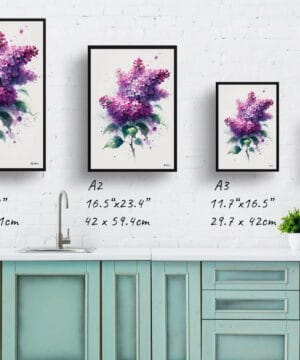 watercolour blotted flowers lilacsyringa vulgaris print size comparison 1